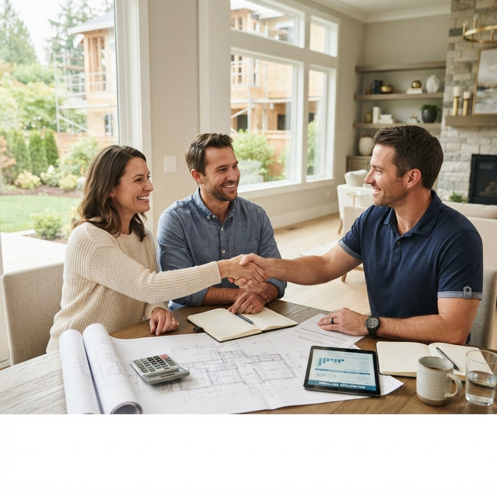 Homeowners reviewing financing options with an Axiom Contractors representative