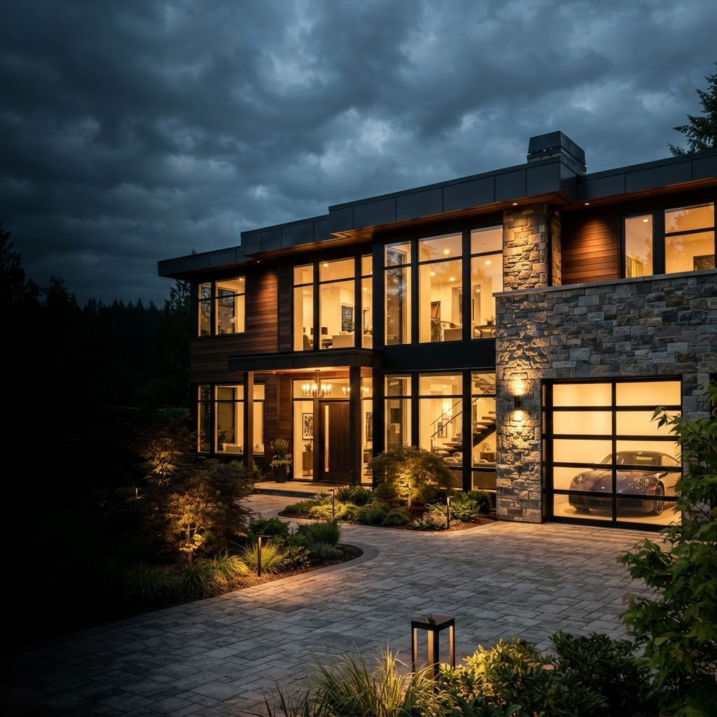 A luxury modern home at dusk with warm lighting and a stone and wood facade